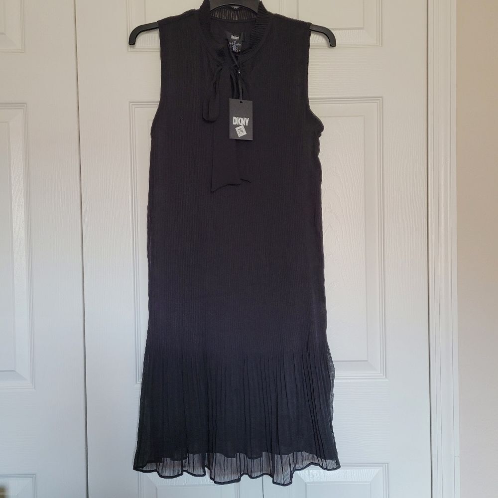 DKNY Sleeveless Pleated Tie Neck Sheer Black Dress